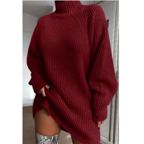 Grey turtleneck balloon sleeve fall sweater dress - Picture 3 of 4